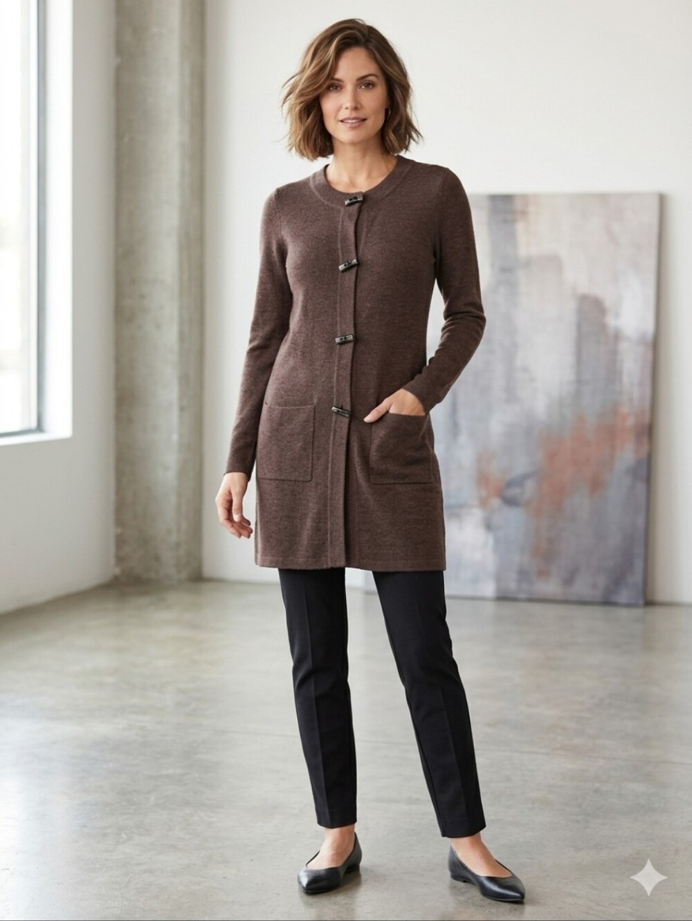 Ellen Tracy Merino Wool Blend Longline Cardigan. Brown. Size small.
